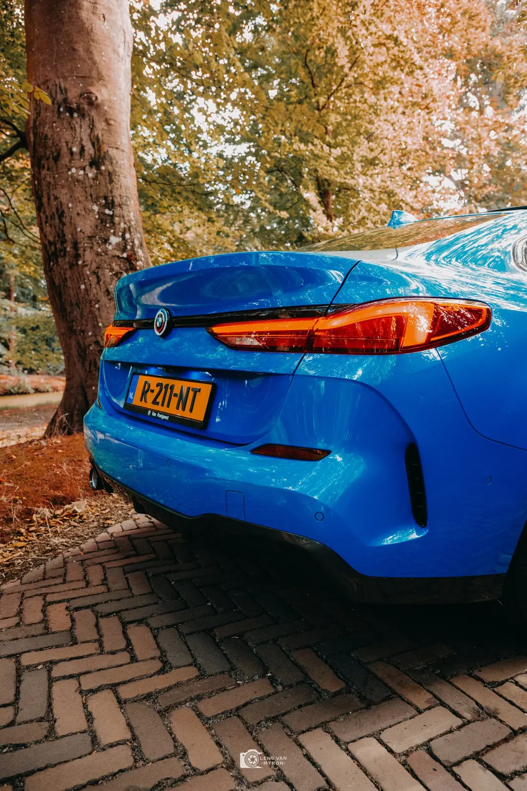 Achterkant van een felblauwe BMW 2 Serie met oplichtend achterlicht op een klinkerpad, met een boomstam en herfstbladeren op de achtergrond