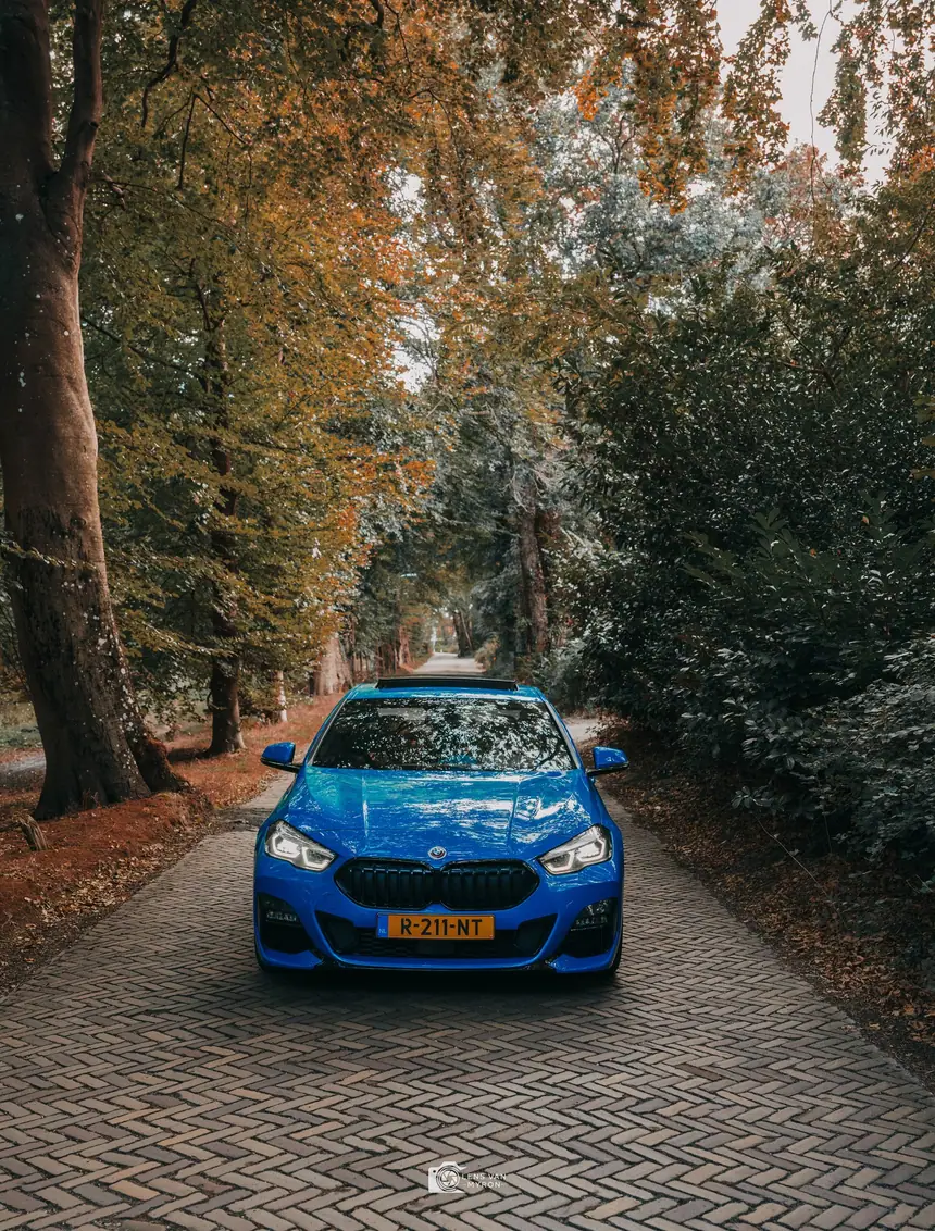 Felblauwe BMW 2 Serie recht van voren op een klinkerlaan tussen hoge bomen in herfstkleuren