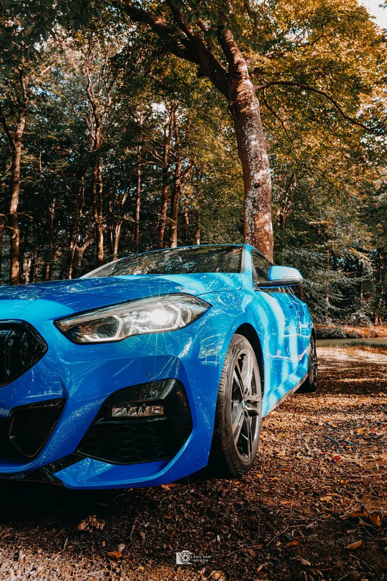 Lage hoek op de voorkant van een blauwe BMW 2 Serie met een lichtster in de koplamp, in een bos met afgevallen bladeren